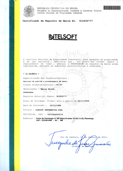 Certificado da Intelsoft no INPI